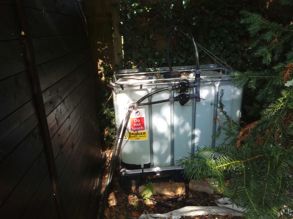 This 800 litre tank supplies irrigation to lawns and beds. The advantage of a tank system is we can add feed and fertiliser.